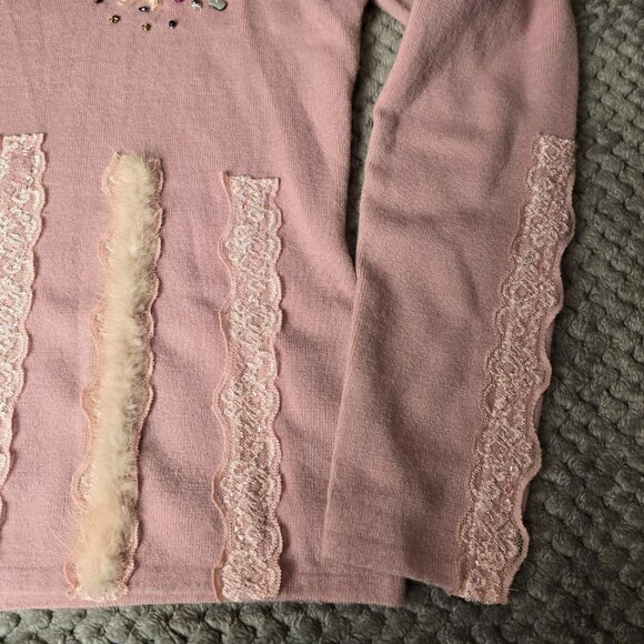 VINTAGE Saint André Italy Pink Wool Blend Sweater Lace Faux Fur Beads Sequin S/M - Picture 4 of 8